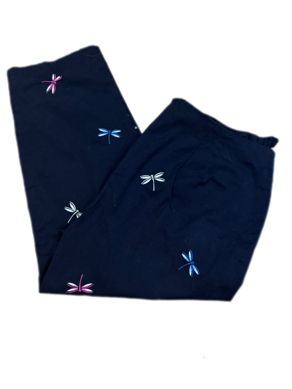Talbots Black Pants with Multicolor Dragonfly Embroidery